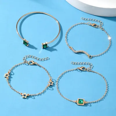 4 Pcs Green Stone Multilayer Vintage Bracelet Set 